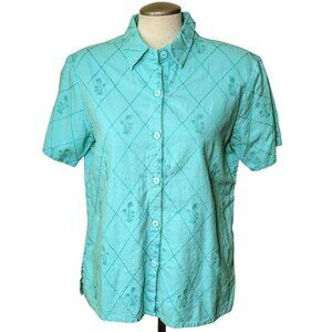 Coldwater Creek Top Womens M Blue Linen Blend Short Sleeve Button Up Palm Trees